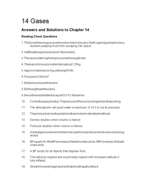 Conceptual Physics Practice Page Chapter 14 Gases Gas Pressure Answers