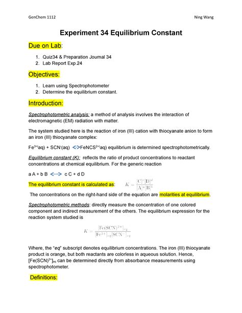 Experiment 34 An Equilibrium Constant Pre Lab Answers