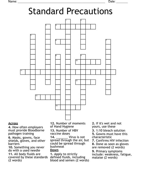 Standard Precautions And Emergency Procedures Vocabulary Crossword Puzzle