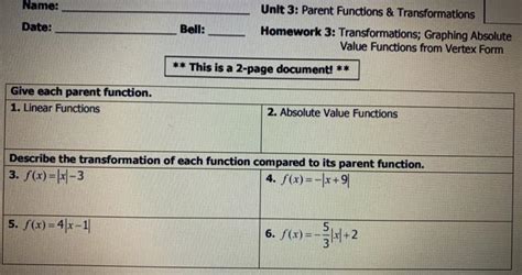 Unit 3 Parent Functions And Transformations Homework 3 Answer Key